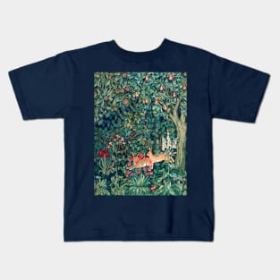 GREENERY, FOREST ANIMALS Hares Blue Green Red Floral Tapestry Kids T-Shirt